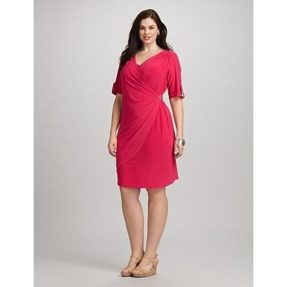 Dressbarn Pink Fuchsia Tab Sleeve Faux-Wrap Dress Size 16‎ Office Career Stretch